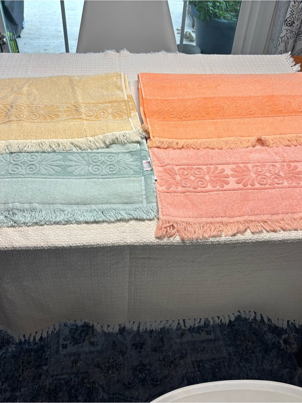Canon Embossed Fringe Hand Towels - Peach, Coral, Mint, Yellow